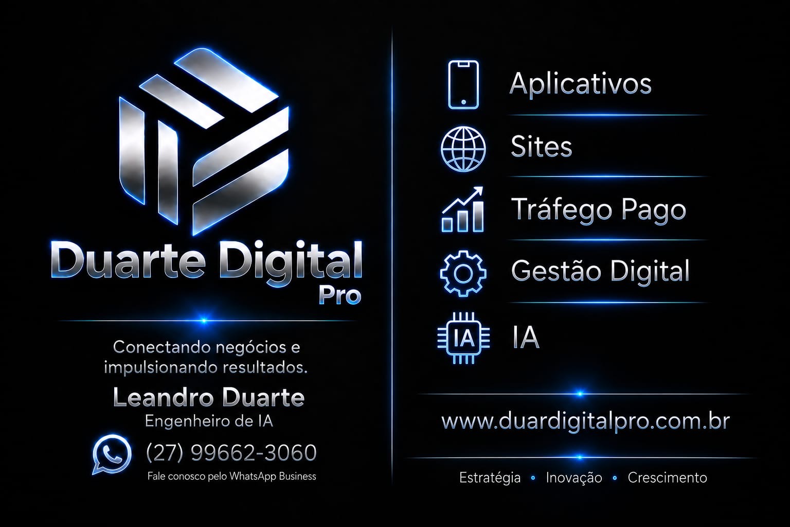 Cartão Duarte Digital Pro — Aplicativos, Sites, Tráfego Pago, Gestão Digital e IA. Leandro Duarte, (27) 99662-3060